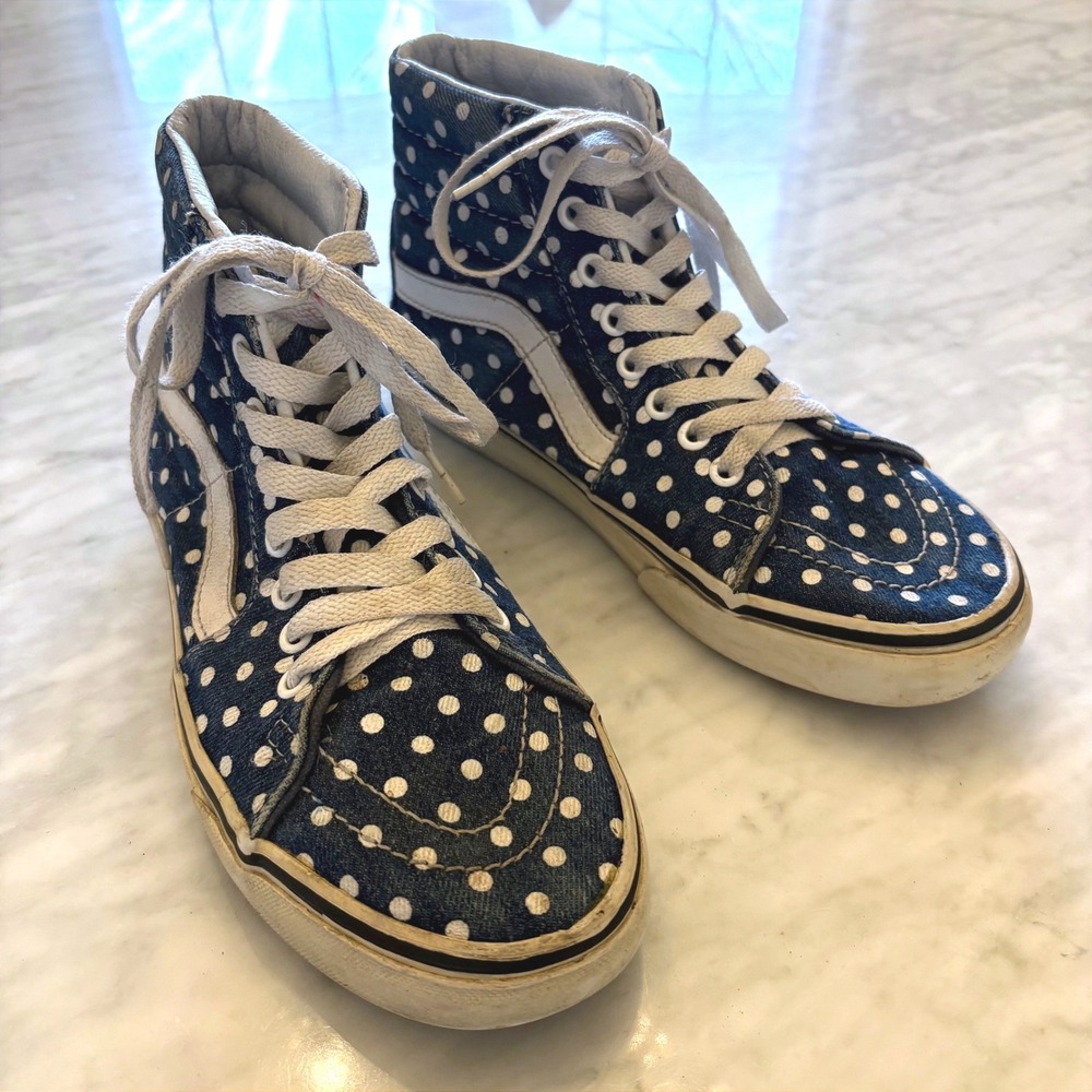 Vans Sk8-Hi Denim Polka Dot High Top Sneakers‎ Women's 7.5 Skate Shoes Blue